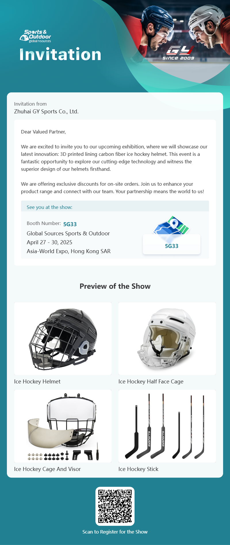GY Global Sources Sports & Outdoor, April 27-30,2025, Asia-Mundus Expo, Hong Kong SAR, Booth Numerus. 5G33